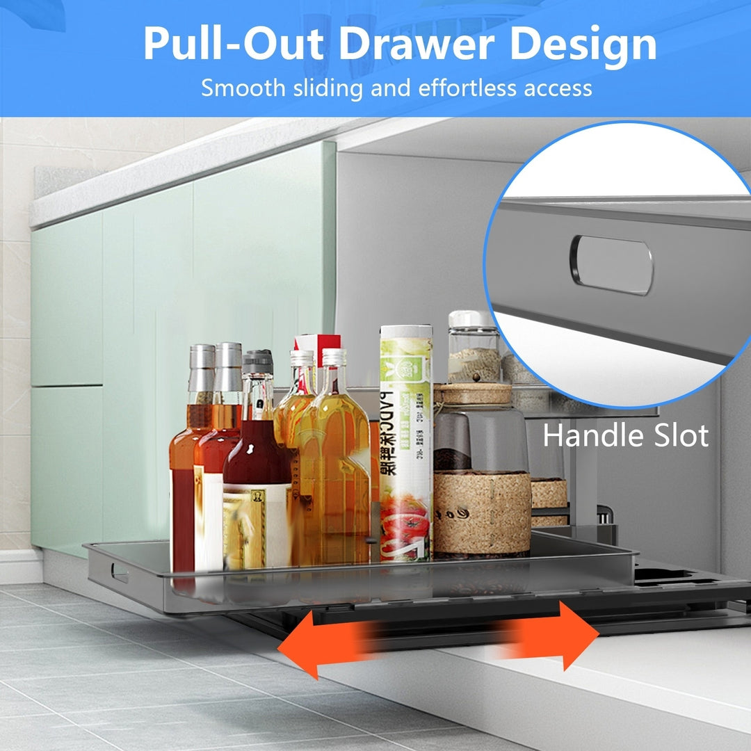 2-Tier Under Sink Organizer Pull Out Storage Clear Black L-Shaped Drawer Shelves Image 3