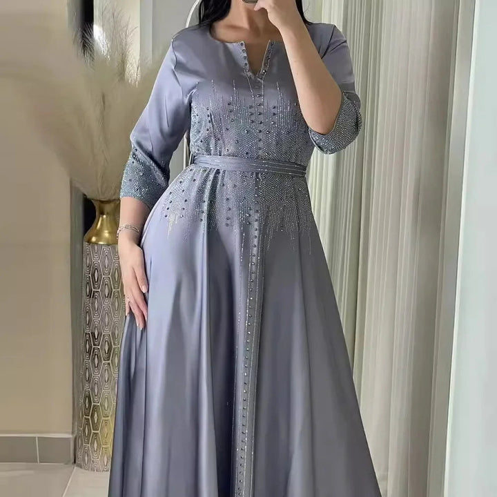 Fashion Diamond Evening Dress Abaya Dubai Muslim Satin Dress for Women Dinner Robe Muslim Dress Women Clothes for Muslim Image 1