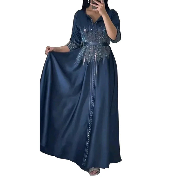 Fashion Diamond Evening Dress Abaya Dubai Muslim Satin Dress for Women Dinner Robe Muslim Dress Women Clothes for Muslim Image 2