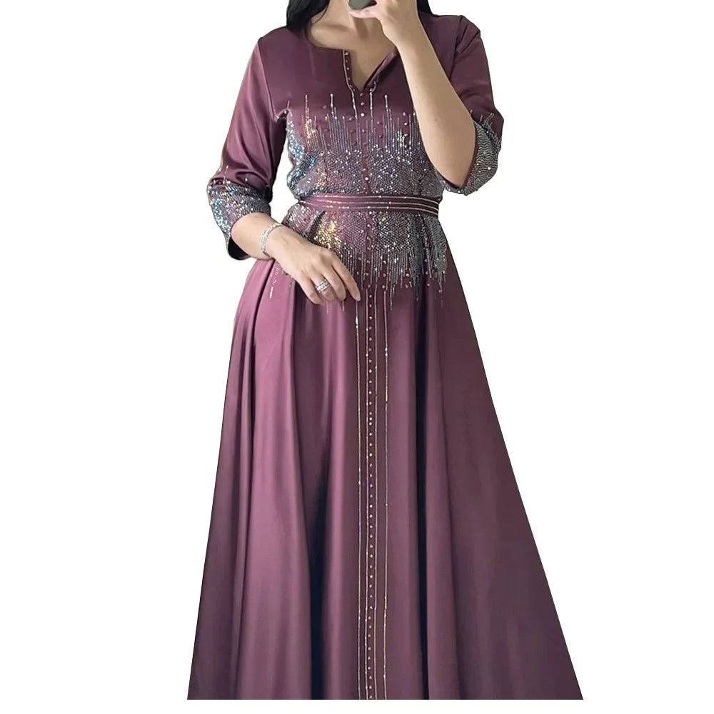 Fashion Diamond Evening Dress Abaya Dubai Muslim Satin Dress for Women Dinner Robe Muslim Dress Women Clothes for Muslim Image 4