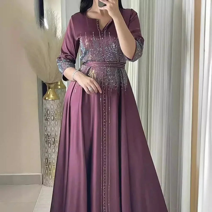 Fashion Diamond Evening Dress Abaya Dubai Muslim Satin Dress for Women Dinner Robe Muslim Dress Women Clothes for Muslim Image 8