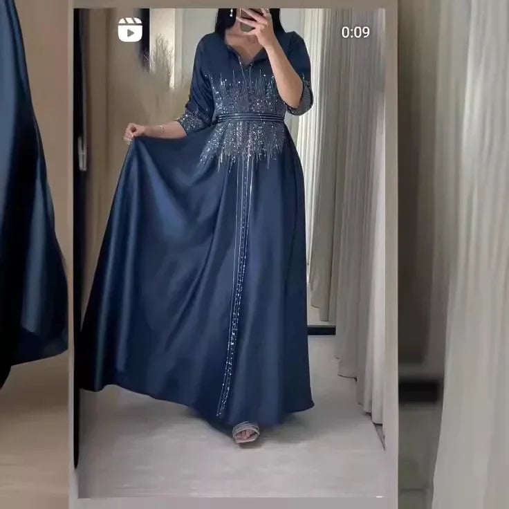 Fashion Diamond Evening Dress Abaya Dubai Muslim Satin Dress for Women Dinner Robe Muslim Dress Women Clothes for Muslim Image 9