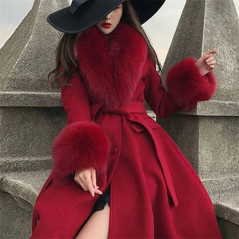 Double-sided Woolen Coat Womens Mid Length Large faux Collar Winter 2023 Fashion Dlim Fitting Knee High Luxury Woolen Image 2