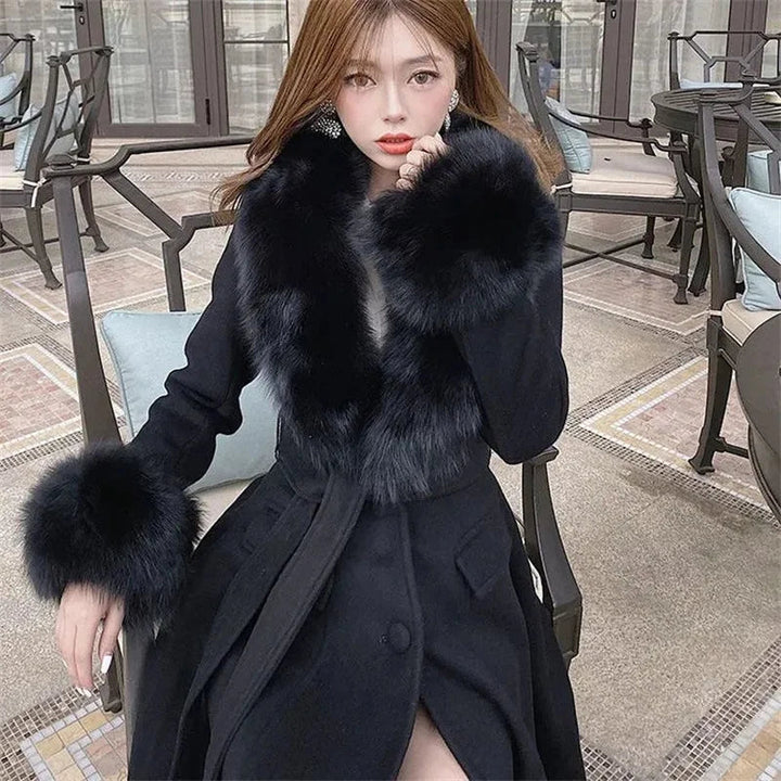 Double-sided Woolen Coat Womens Mid Length Large faux Collar Winter 2023 Fashion Dlim Fitting Knee High Luxury Woolen Image 3