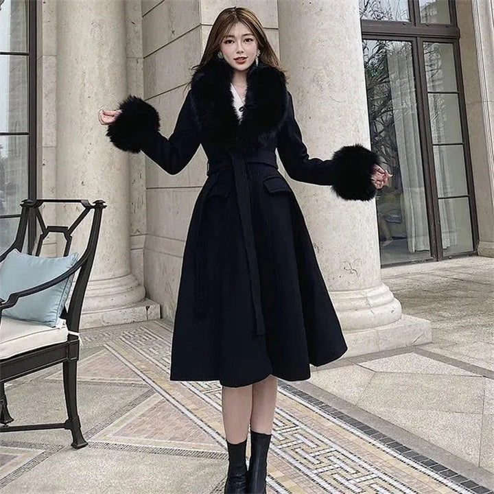 Double-sided Woolen Coat Womens Mid Length Large faux Collar Winter 2023 Fashion Dlim Fitting Knee High Luxury Woolen Image 7