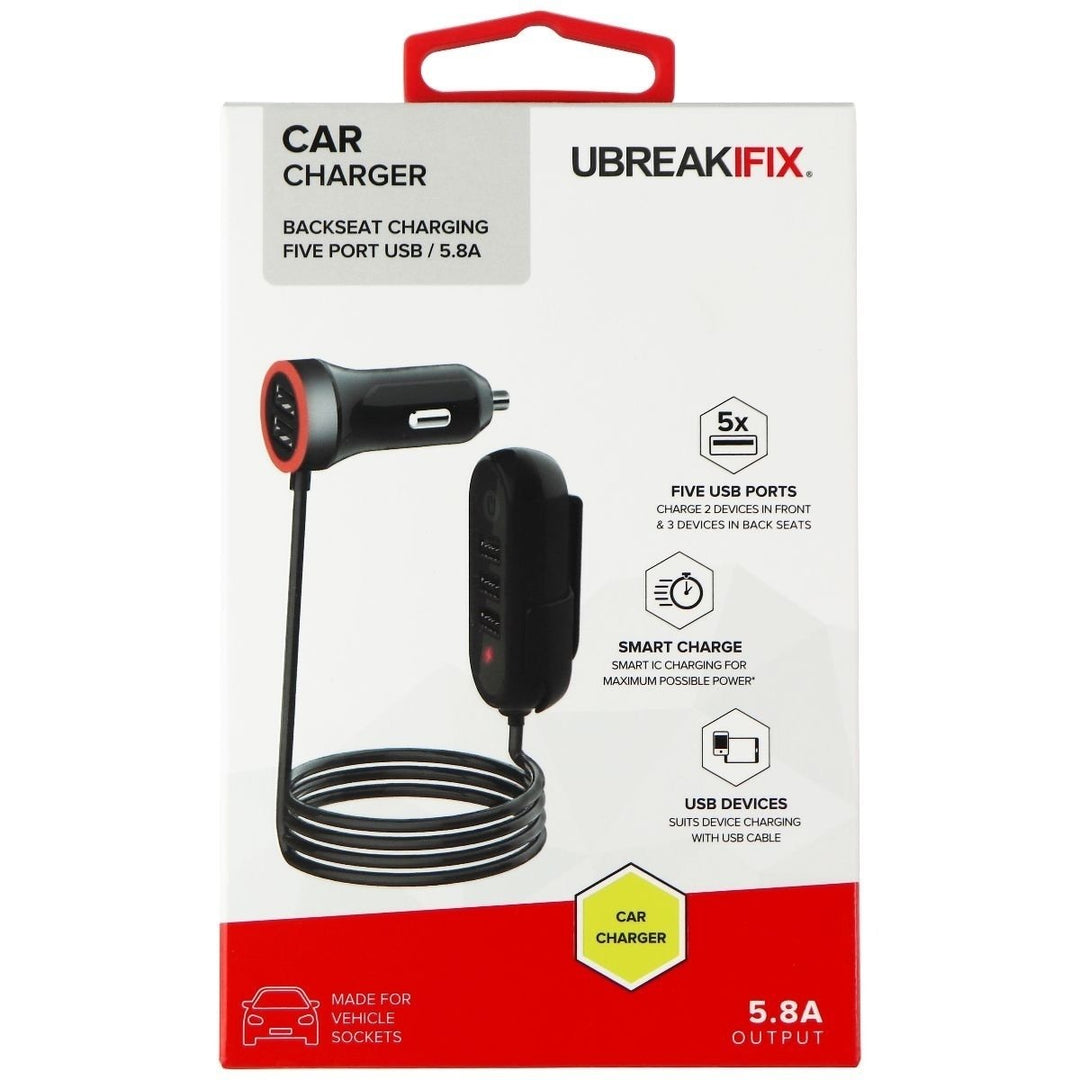 UBREAKIFIX 5 Port USB Car Charger (5.8A) - Black Image 1