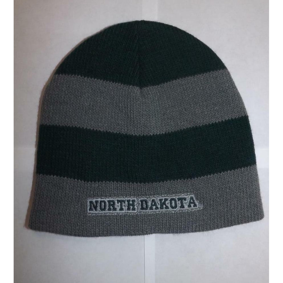 North Darkota Mens Adult Size OSFA Gray Green Striped Beanie Hat Image 1