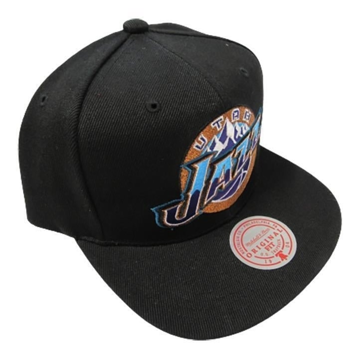 Utah Jazz Mens OSFA Mitchell and Ness Flatbrim Snapback Black Hat 32 Image 1