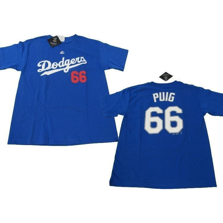 Yasiel Puig 66 Los Angeles Dodgers YOUTH Size L Large Majestic Blue Shirt Image 1