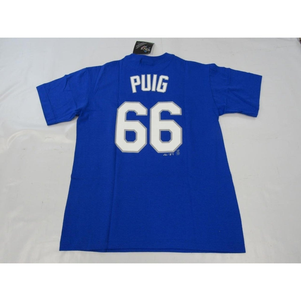 Yasiel Puig 66 Los Angeles Dodgers YOUTH Size L Large Majestic Blue Shirt Image 2