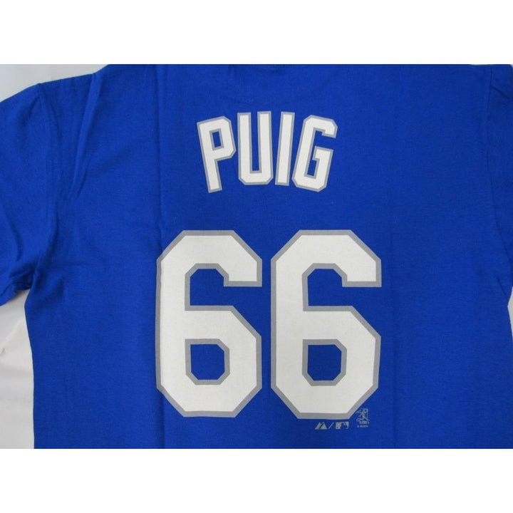 Yasiel Puig 66 Los Angeles Dodgers YOUTH Size L Large Majestic Blue Shirt Image 3