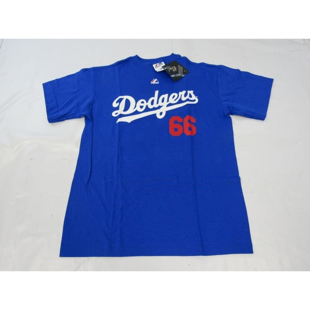 Yasiel Puig 66 Los Angeles Dodgers YOUTH Size L Large Majestic Blue Shirt Image 4