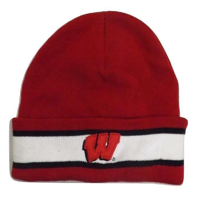 Wisconsin Badgers Mens Unisex OSFA Red Striped Cuffed Beanie Hat Image 1