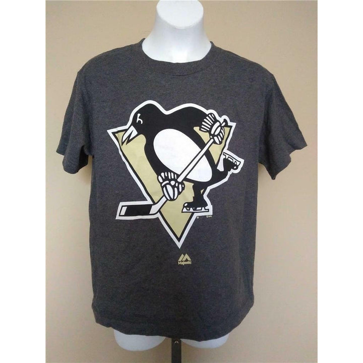 Pittsburgh Penguins Youth Size M Medium Gray Majestic Shirt Image 1