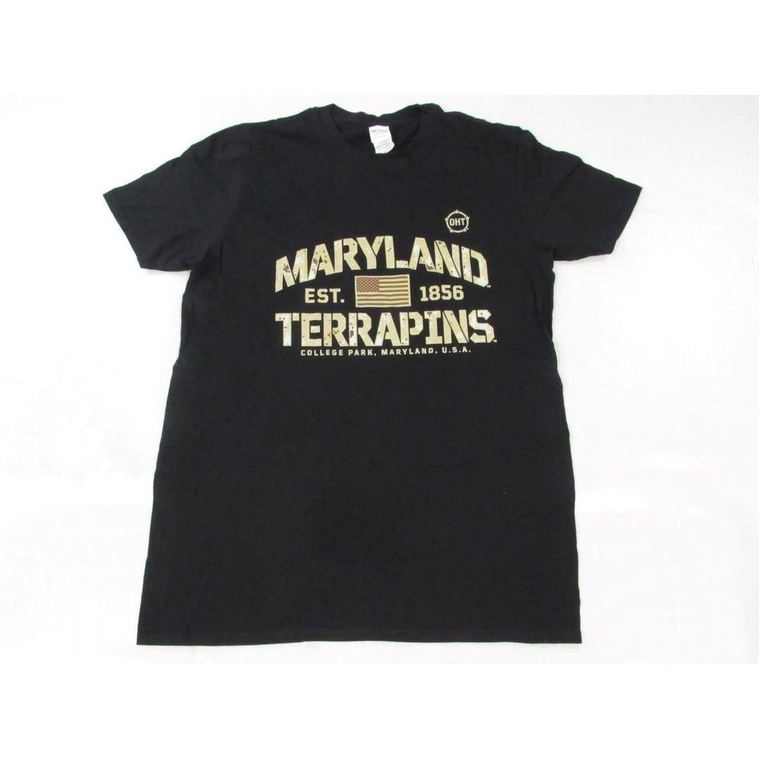 Maryland Terrapins EST. 1856 Mens Size M Medium Black Shirt w/ Army Print Image 1