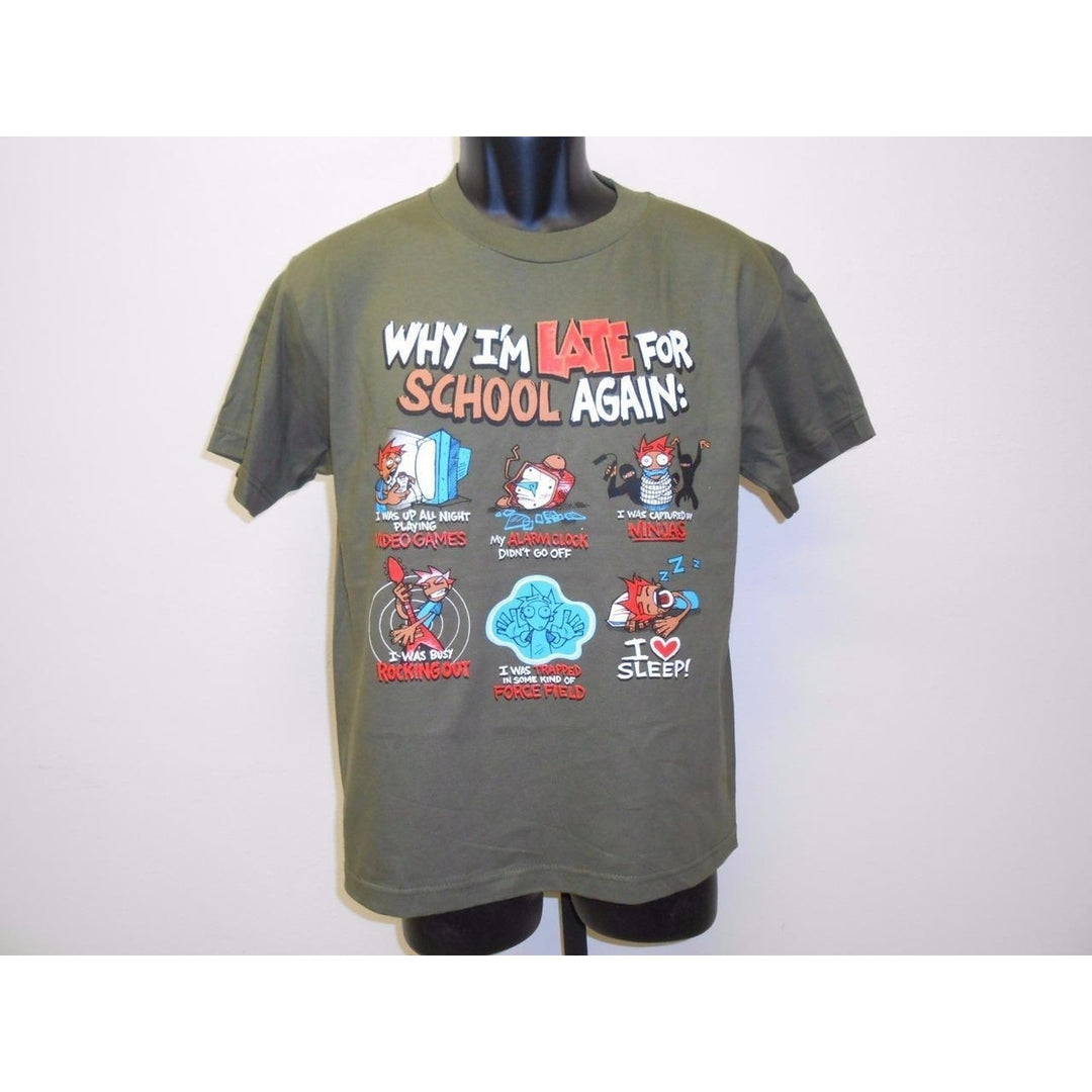 FUNNY GRAPHIC TEE "LATE FOR SCHOOL" YOUTH LARGE L SIZE 14-16 T-SHIRT 67iH Image 1