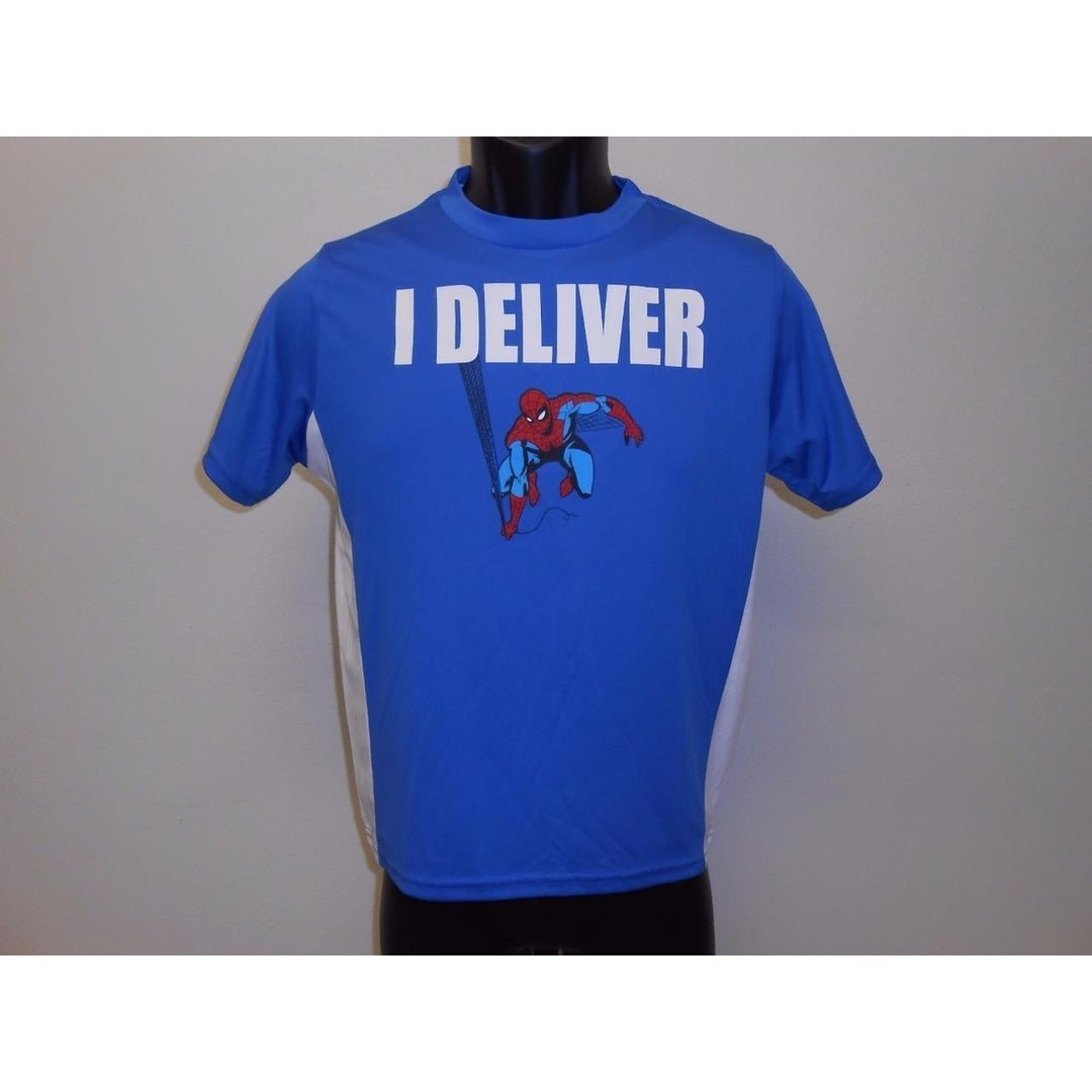 SPIDERMAN "I DELIVER" YOUTH SIZE (10/12) M MEDIUM SILKY SHIRT MARVEL 70MJ Image 1