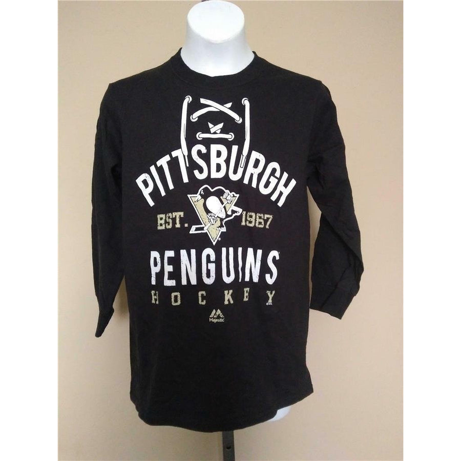 Pittsburgh Penguins Youth Size M Medium 10/12 Black Majestic Shirt Image 1