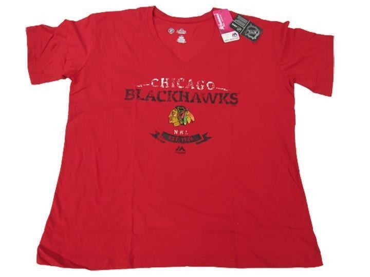 Chicago Blackhawks Womens Plus Size 1XL Majestic Red Distressed Shirt Image 1