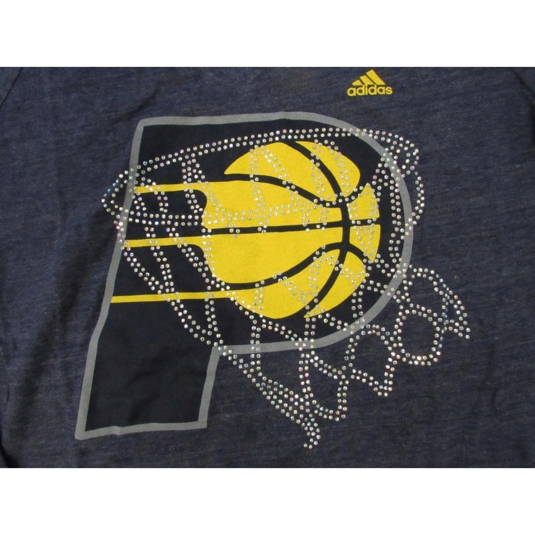 Indiana Pacers Womens Size L Bejeweled Adidas Blue V-Neck Shirt 33 Image 3