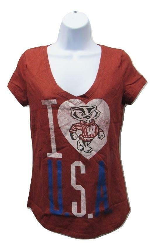 Wisconsin Badgers Womens "I Heart USA" Size S Small Red V-Neck Shirt Image 1