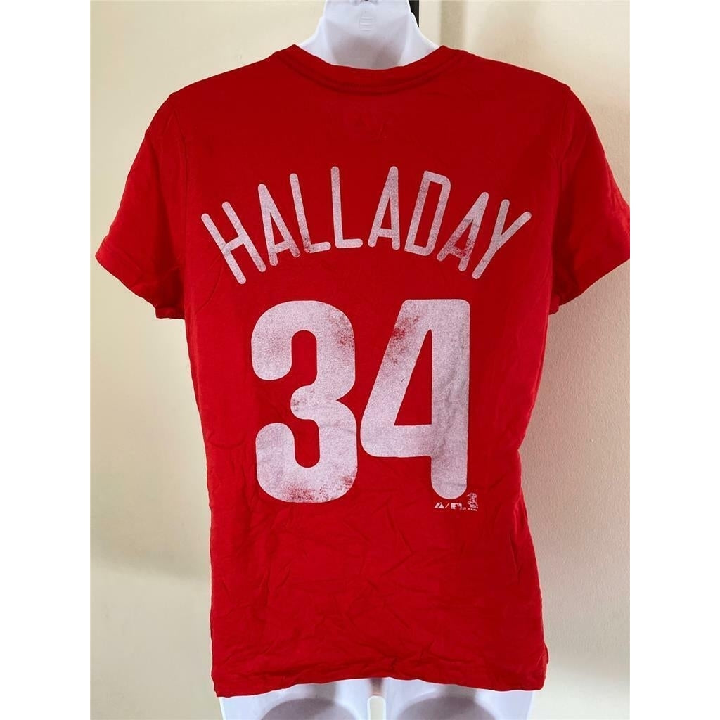 Philadelphia Phillies 34 Roy Halladay Womens Size L Large Red Shirt Image 1