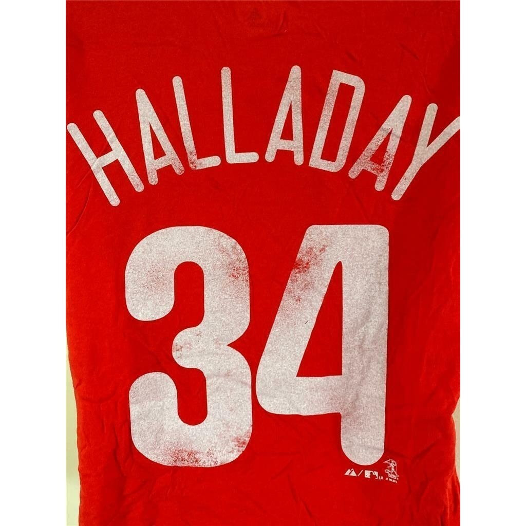 Philadelphia Phillies 34 Roy Halladay Womens Size L Large Red Shirt Image 2