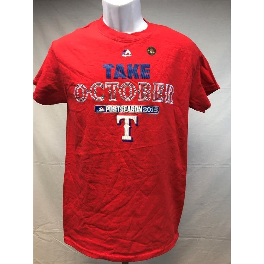 Texas Rangers 2015 Postseason Mens Size S Small Red Majestic Shirt MSRP 28 Image 1