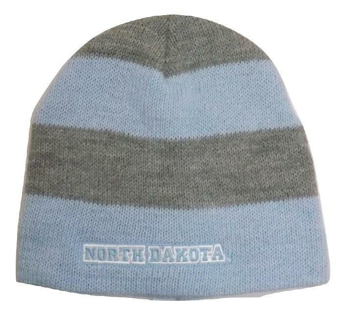 North Darkota Mens Adult Size OSFA Gray Blue Striped Beanie Hat Image 1