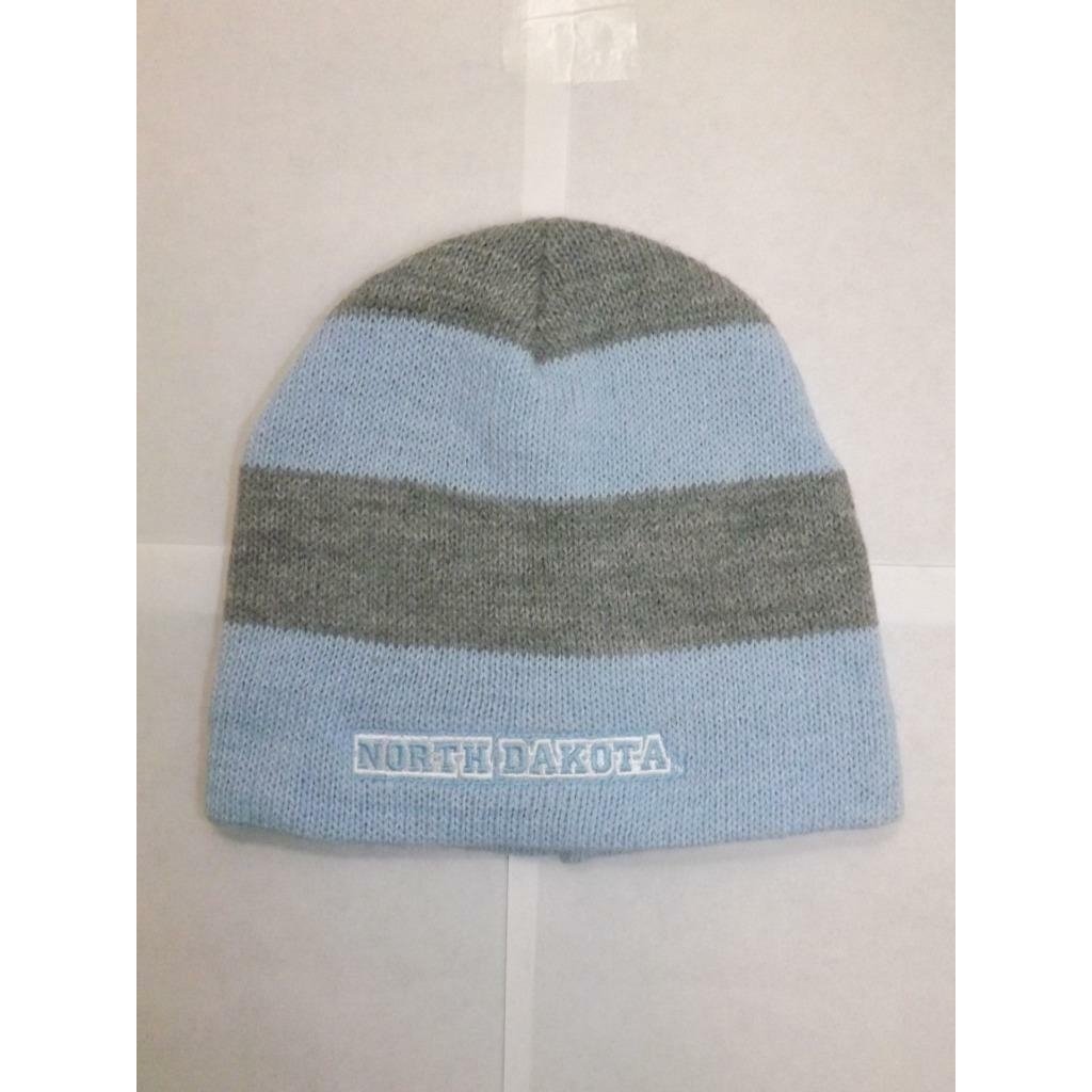 North Darkota Mens Adult Size OSFA Gray Blue Striped Beanie Hat Image 4