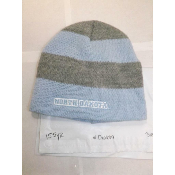 North Darkota Mens Adult Size OSFA Gray Blue Striped Beanie Hat Image 4