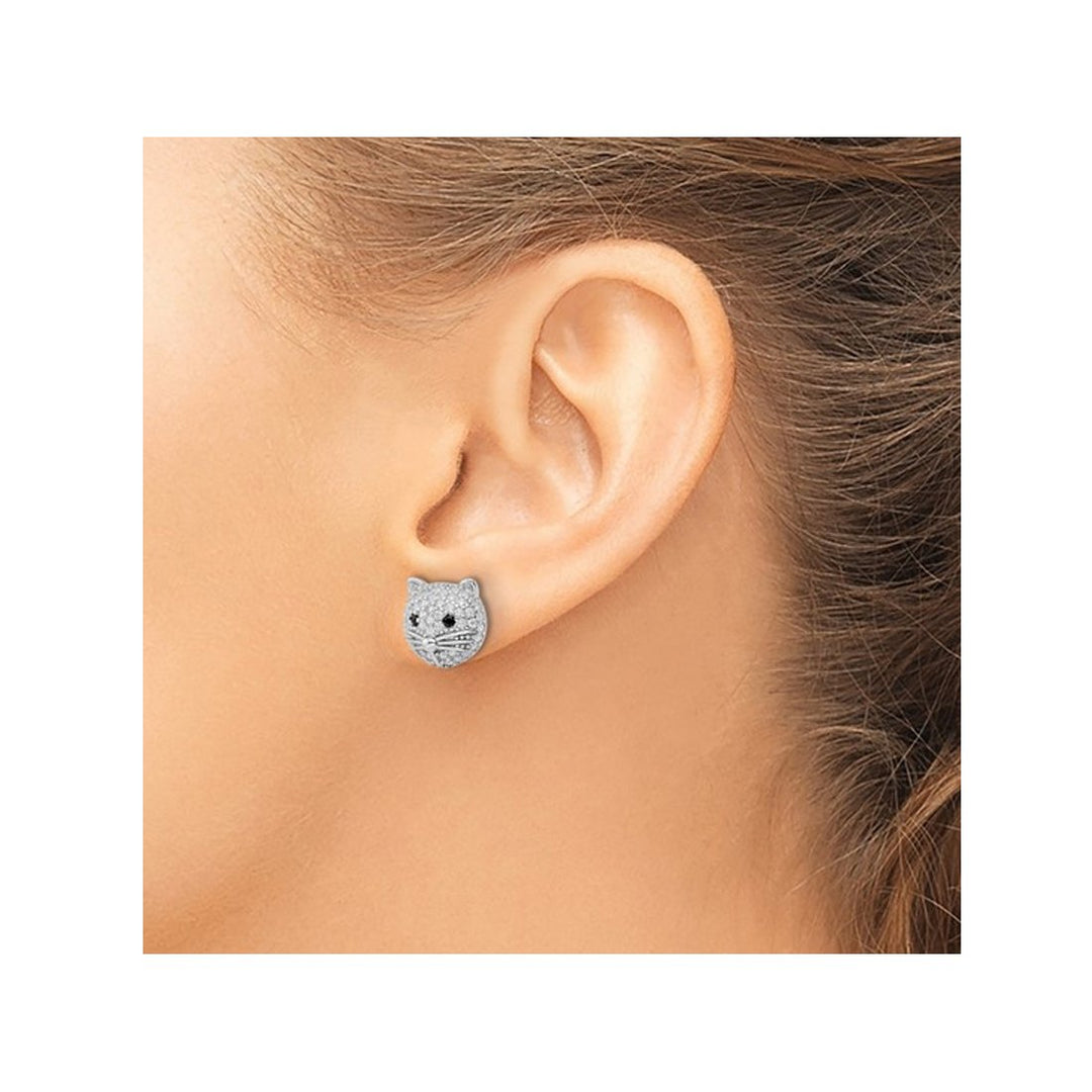 Sterling Silver Cat Button Stud Earrings with Cubic Zirconia (CZ)s Image 3