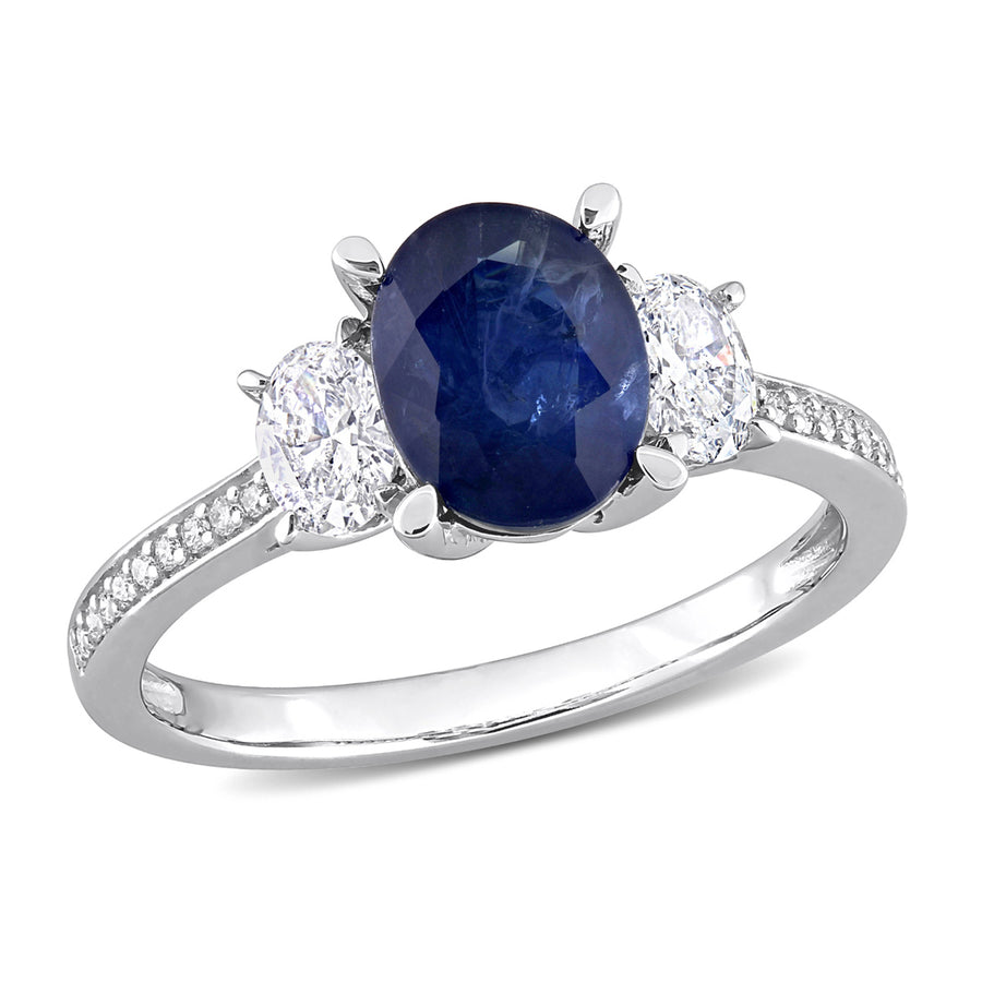 2.50 Carat (ctw) Blue Sapphire Three Stone Ring in 14K White Gold with Diamonds Image 1