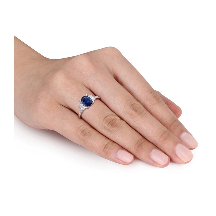 2.50 Carat (ctw) Blue Sapphire Three Stone Ring in 14K White Gold with Diamonds Image 2