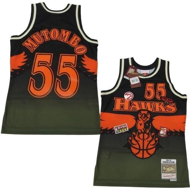 96-97 Dikembe Mutombo 55 Hawks Mens Mitchell and Ness Swingman Flight Jersey 155 Image 1