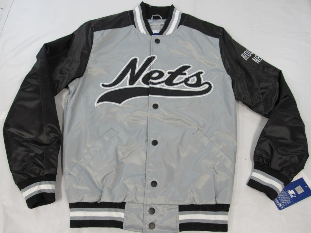 Brooklyn Nets Mens Size S Starter Silver Black Satin Button Snap Jacket Image 2