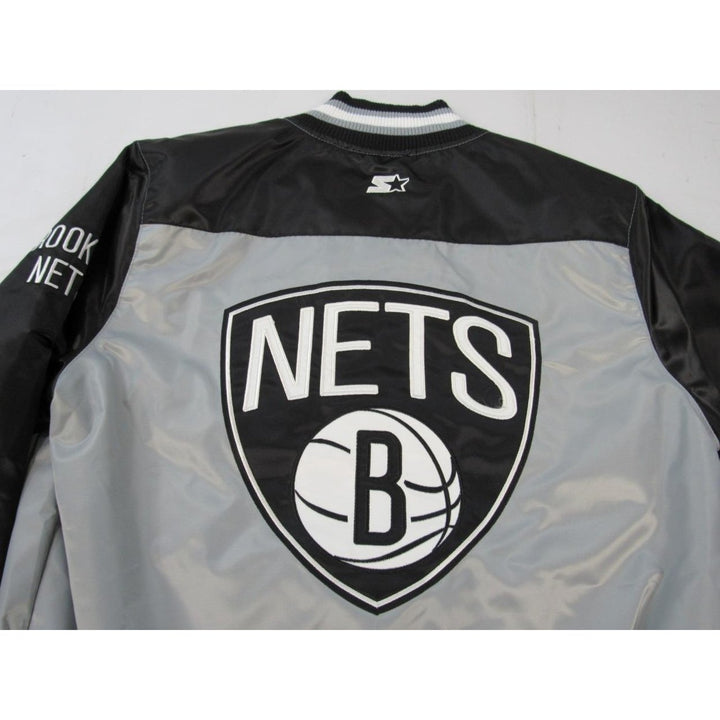 Brooklyn Nets Mens Size S Starter Silver Black Satin Button Snap Jacket Image 6