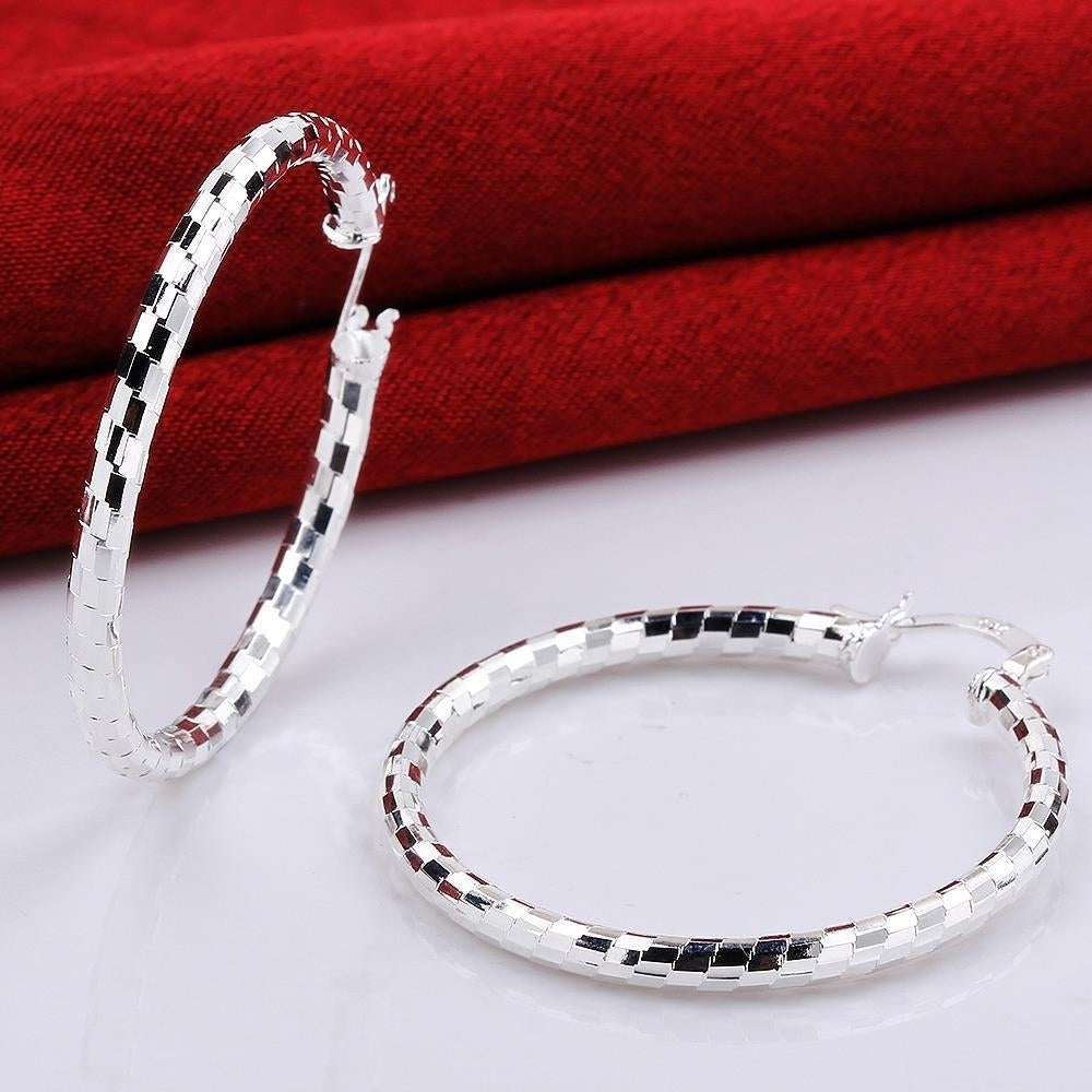 925 Sterling Silver Checkered Hoop Earrings Image 1