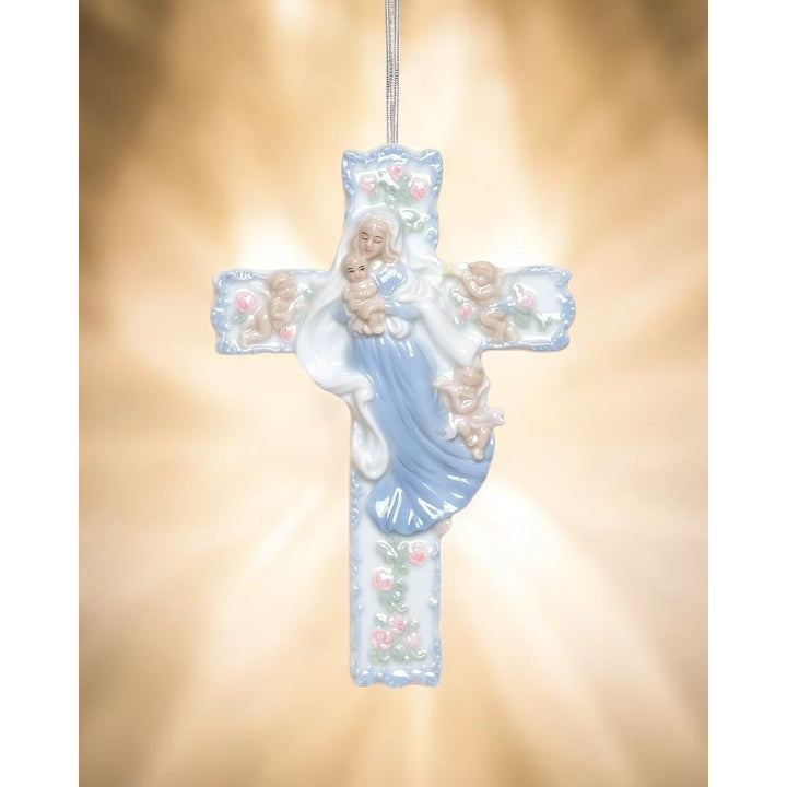 Ceramic Madonna Baby Jesus Cross 4in Religious Gift Baptism Decor Image 1