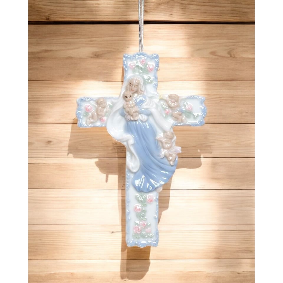 Ceramic Madonna Baby Jesus Cross 4in Religious Gift Baptism Decor Image 2