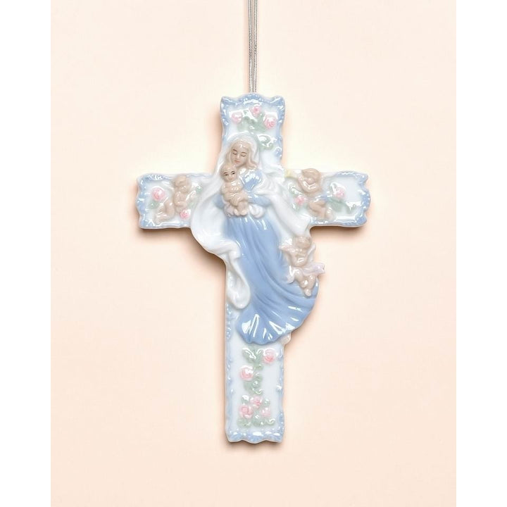 Ceramic Madonna Baby Jesus Cross 4in Religious Gift Baptism Decor Image 3