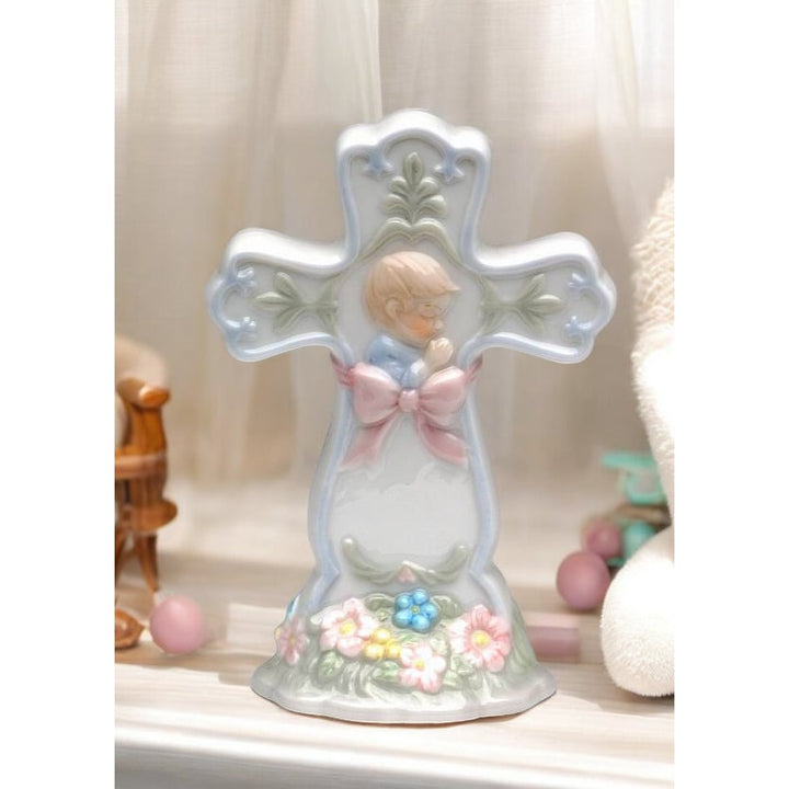 Ceramic Praying Boy Cross Figurine 4in Religious Baptism Image 1