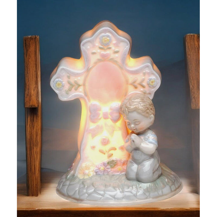 Ceramic Praying Boy Cross Nightlight 5.25in Nursery Image 1