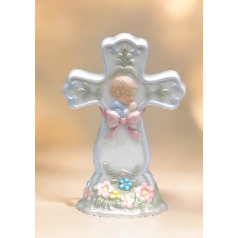 Ceramic Praying Boy Cross Figurine 4in Religious Baptism Image 2