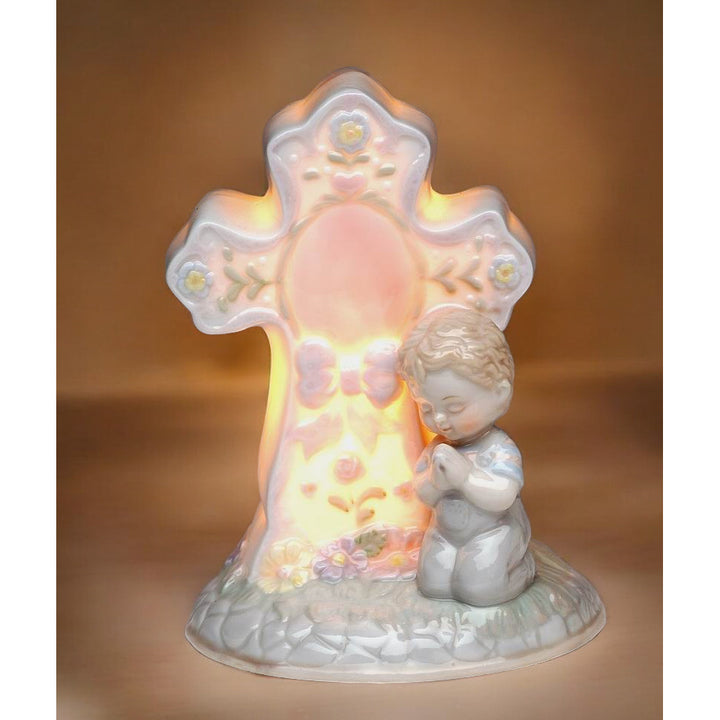 Ceramic Praying Boy Cross Nightlight 5.25in Nursery Image 2