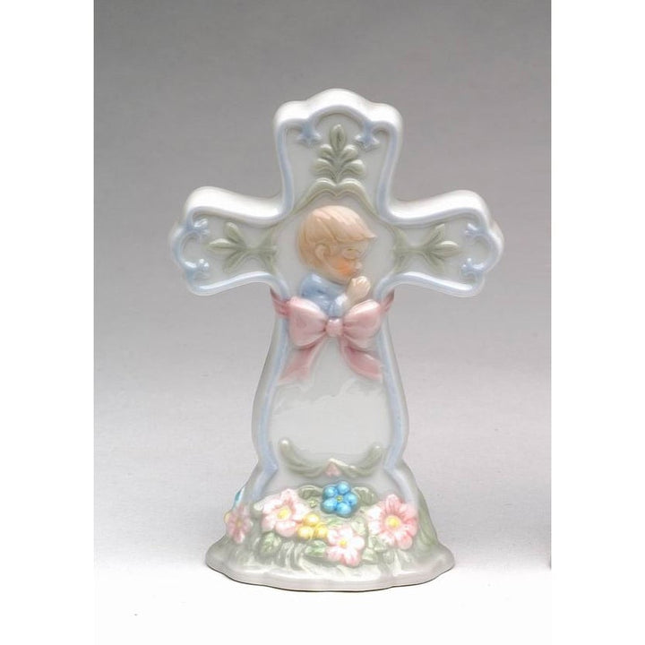 Ceramic Praying Boy Cross Figurine 4in Religious Baptism Image 3