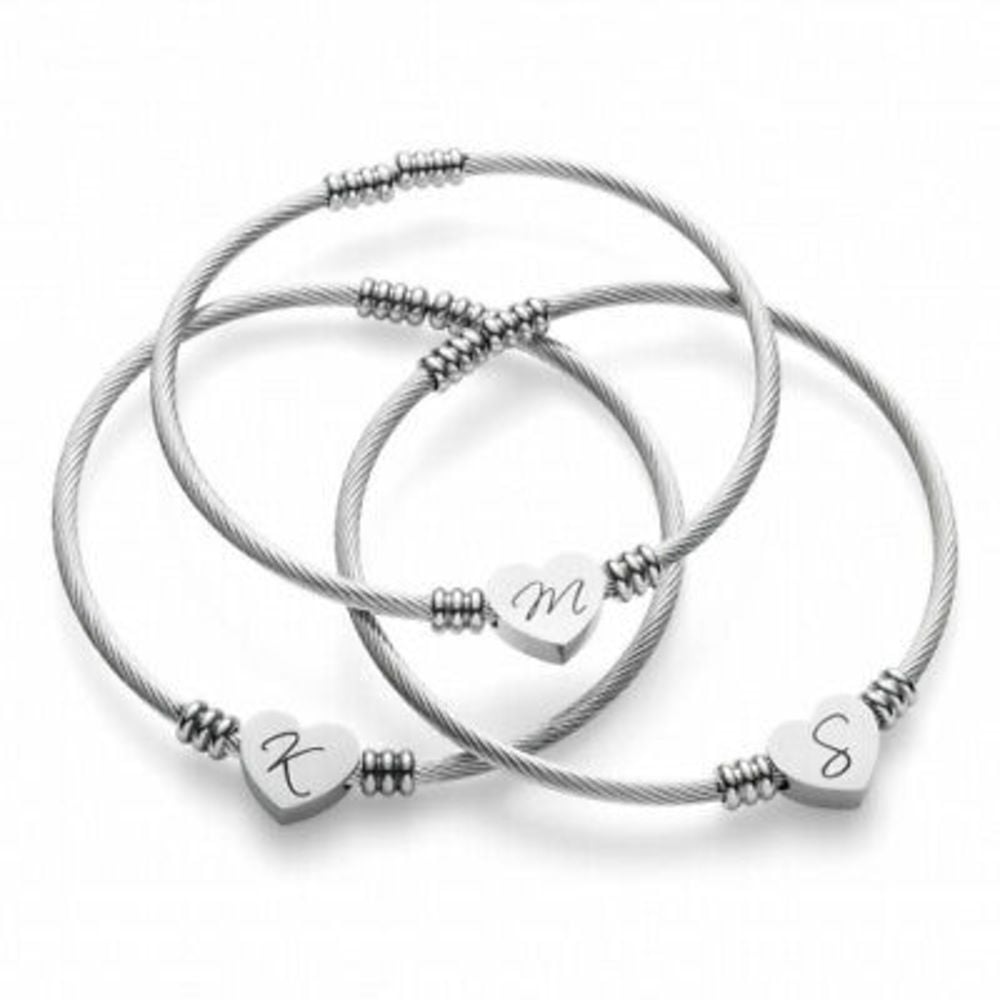 Silver Stainless Steel Heart Initial Bracelet Bangle Image 2