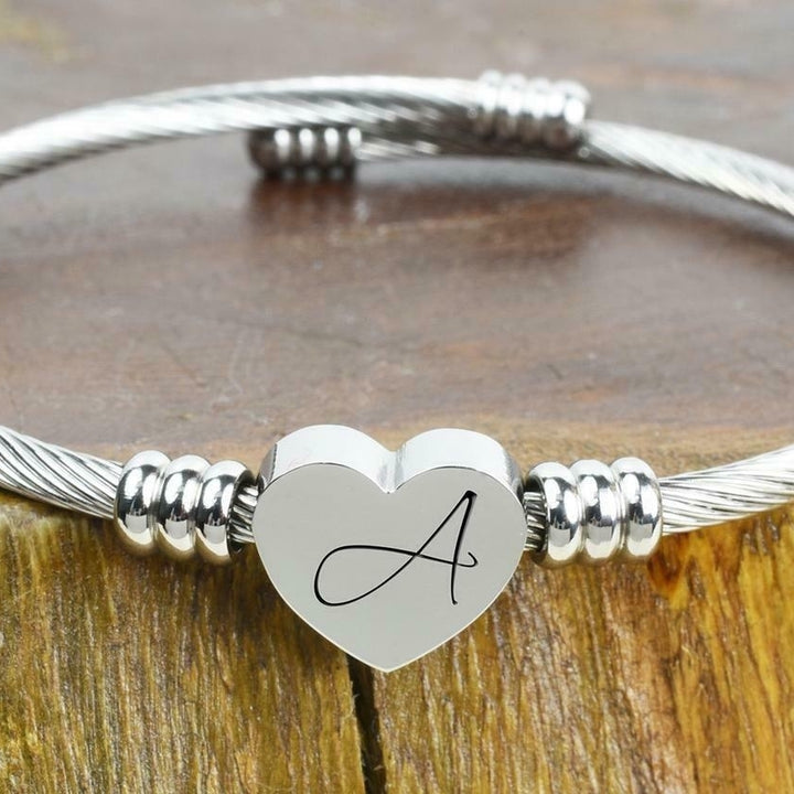 Silver Stainless Steel Heart Initial Bracelet Bangle Image 1