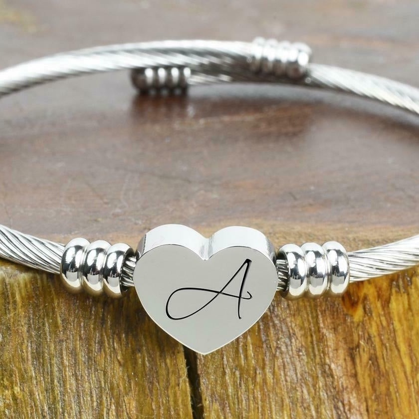 Silver Stainless Steel Heart Initial Bracelet Bangle Image 1