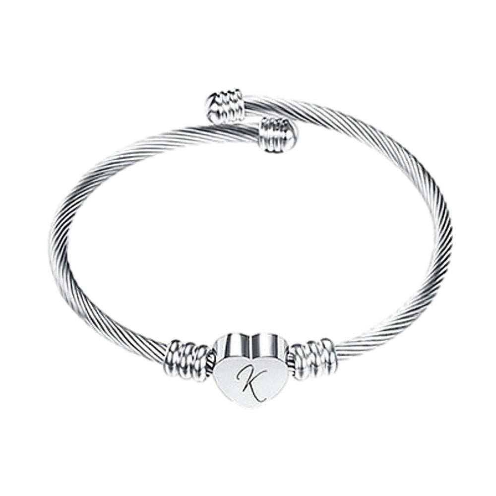 Silver Stainless Steel Heart Initial Bracelet Bangle Image 6